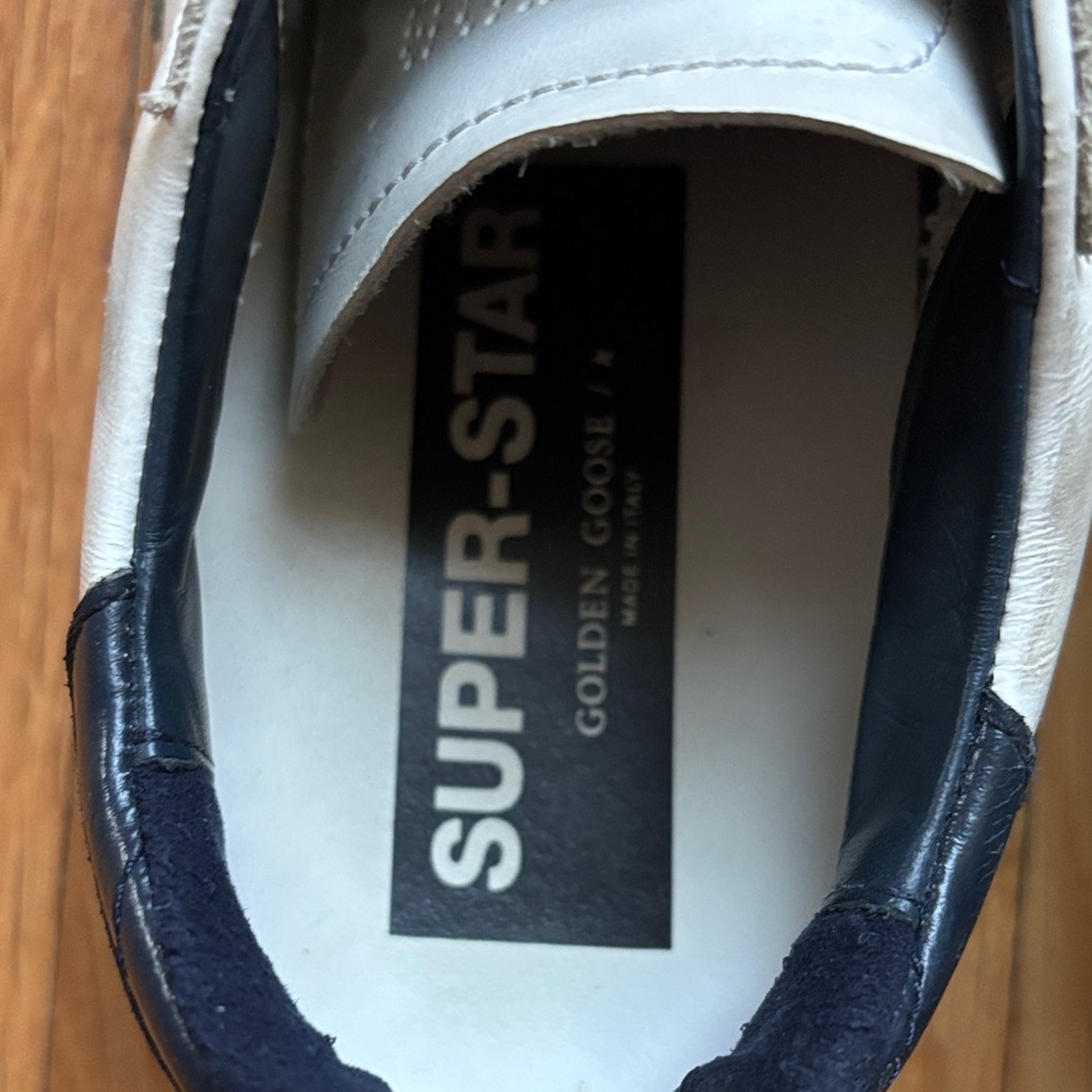 Golden Goose White and Navy Superstar Sneakers - Picture 2 of 7